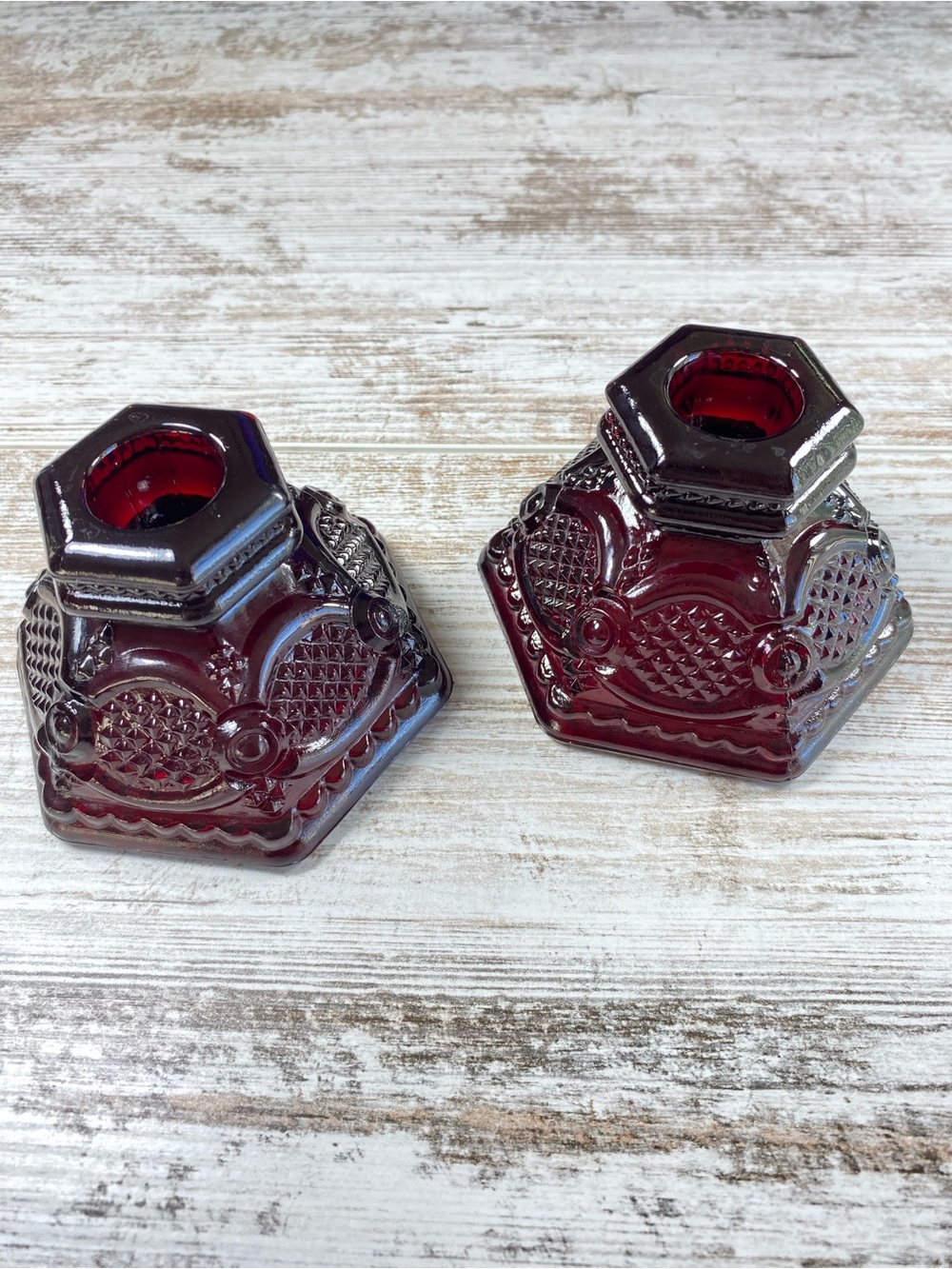 Vintage Avon 1876 Cape Cod Ruby Red Glass Candle Holders Pair